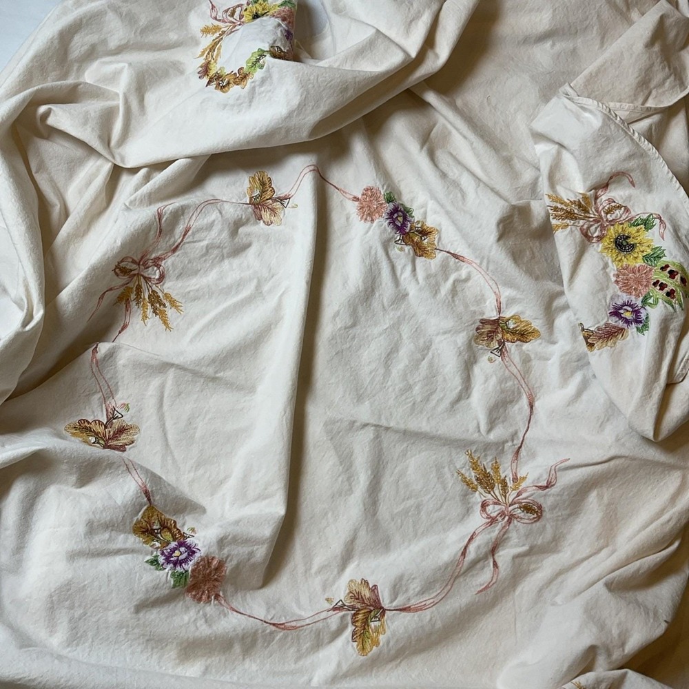 Vintage Round Light Pink Tablecloth Hand Embroidered Floral 64" Diameter